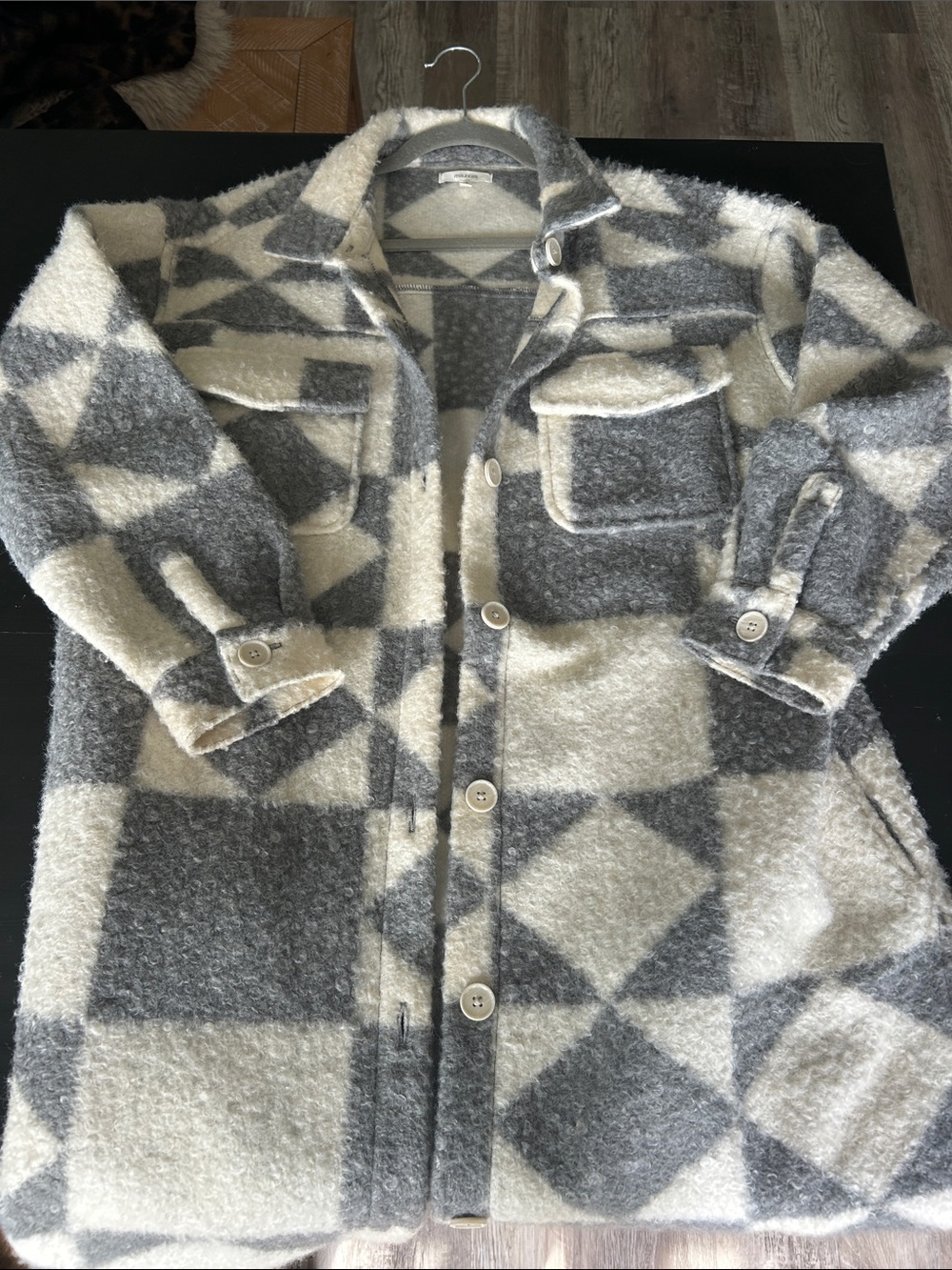 Maurices Gray & Cream Geometric Plaid Pea Coat